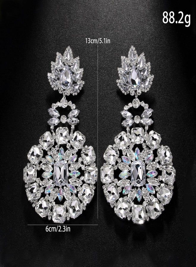 XSBODY Costume Silver Large Rhinestone Earrings Dangling Trendy Bling Oversized Statement Earrings For Women Formal (Silver7) - Image 2